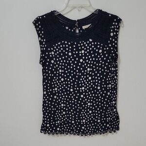 Meadow Rue Navy and White Polka Dot Blouse, Size Medium